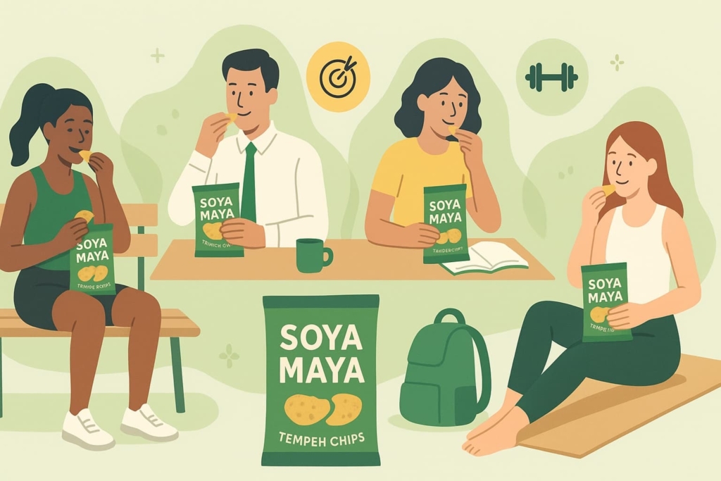 “Illustration depicting people enjoying Soya Maya Tempeh Chips, a nutritious snack option with high protein content”.