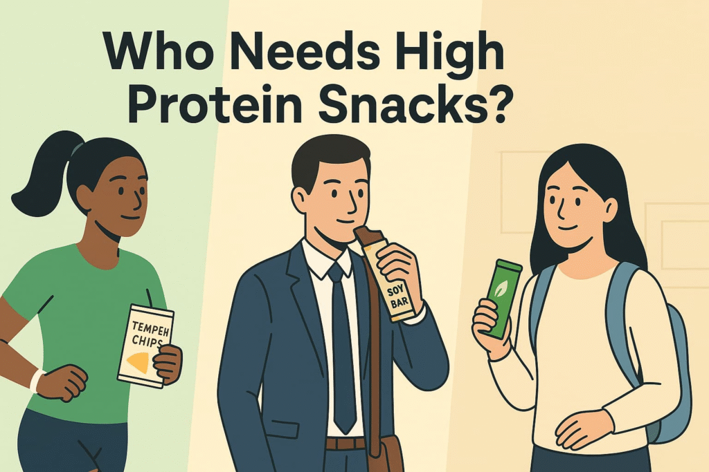 “Illustration depicting three people - an active individual holding tempeh chips, a businessman snacking on a soy protein bar, and a student carrying a plant-based protein drink - suggesting high-protein snacks can benefit various lifestyles”.