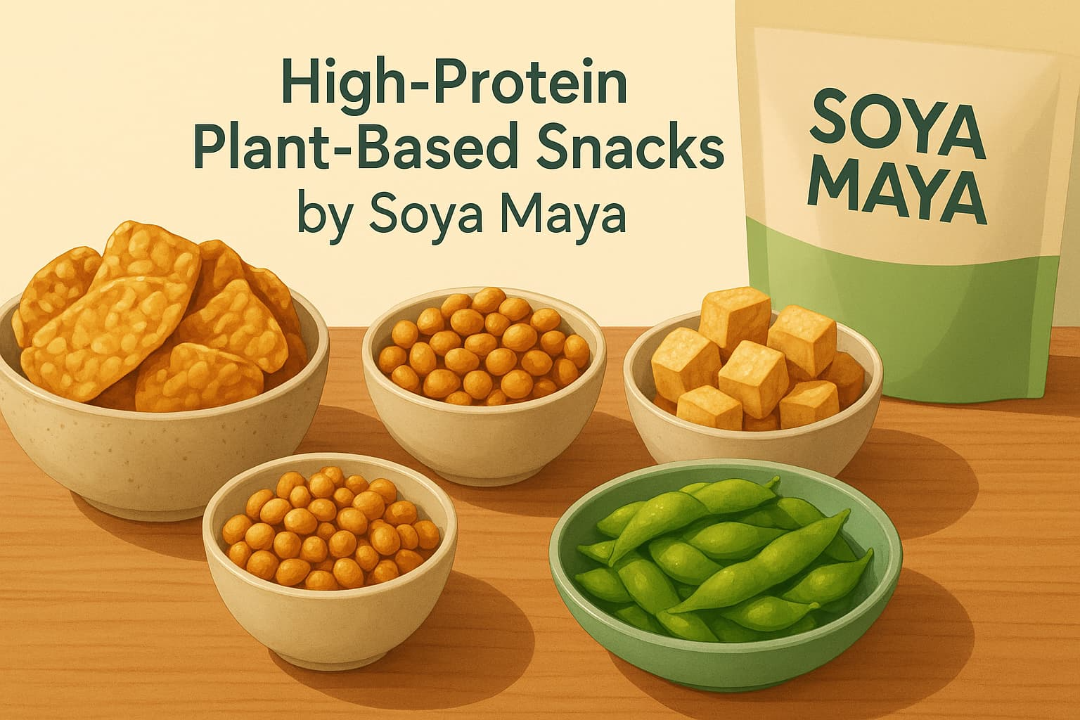 “High-protein plant-based snacks including soy-based puffed crisps, roasted soy beans, and soy protein cubes, from the Soya Maya brand”.