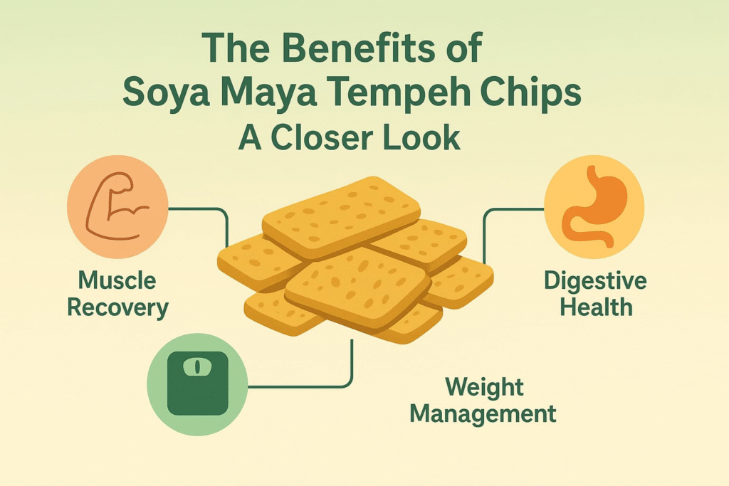 “Infographic highlighting the key benefits of Soya Maya Tempeh Chips, including muscle recovery, digestive health, and weight management”.