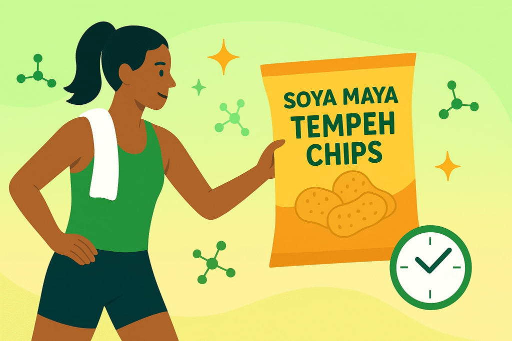“Illustration depicting a woman holding a bag of Soya Maya Tempeh Chips, highlighting the product as a convenient, nutritious snack option”.
