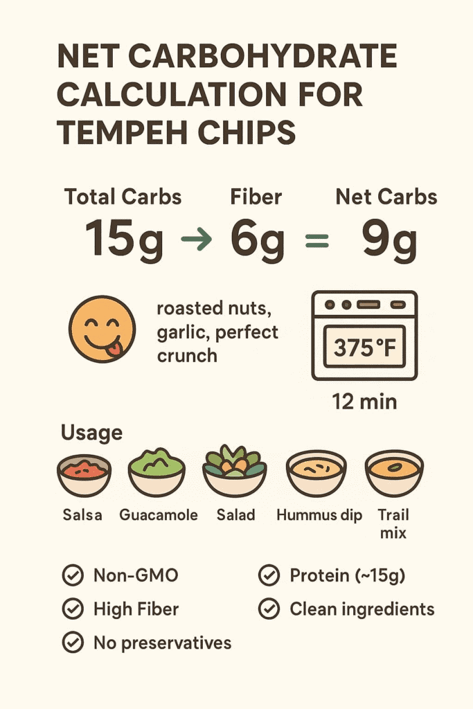 “Image showing nutritional information and usage suggestions for tempeh chips, including net carbohydrate calculation”.