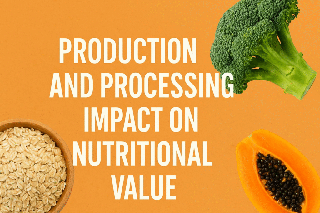 Broccoli, papaya, and oats on an orange background, with text "Production and Processing Impact on Nutritional Value"