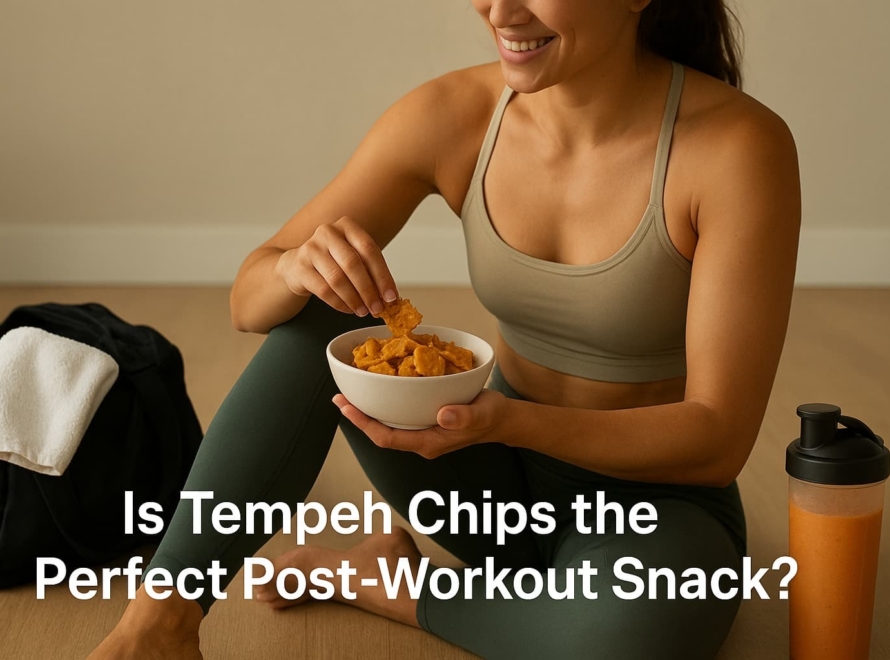 Crunchy Tempeh Chips in a white bowl, woman in activewear enjoying healthy post-workout snack, gym bag and shaker bottle nearby, promoting nutritious snack options for fitness enthusiasts.