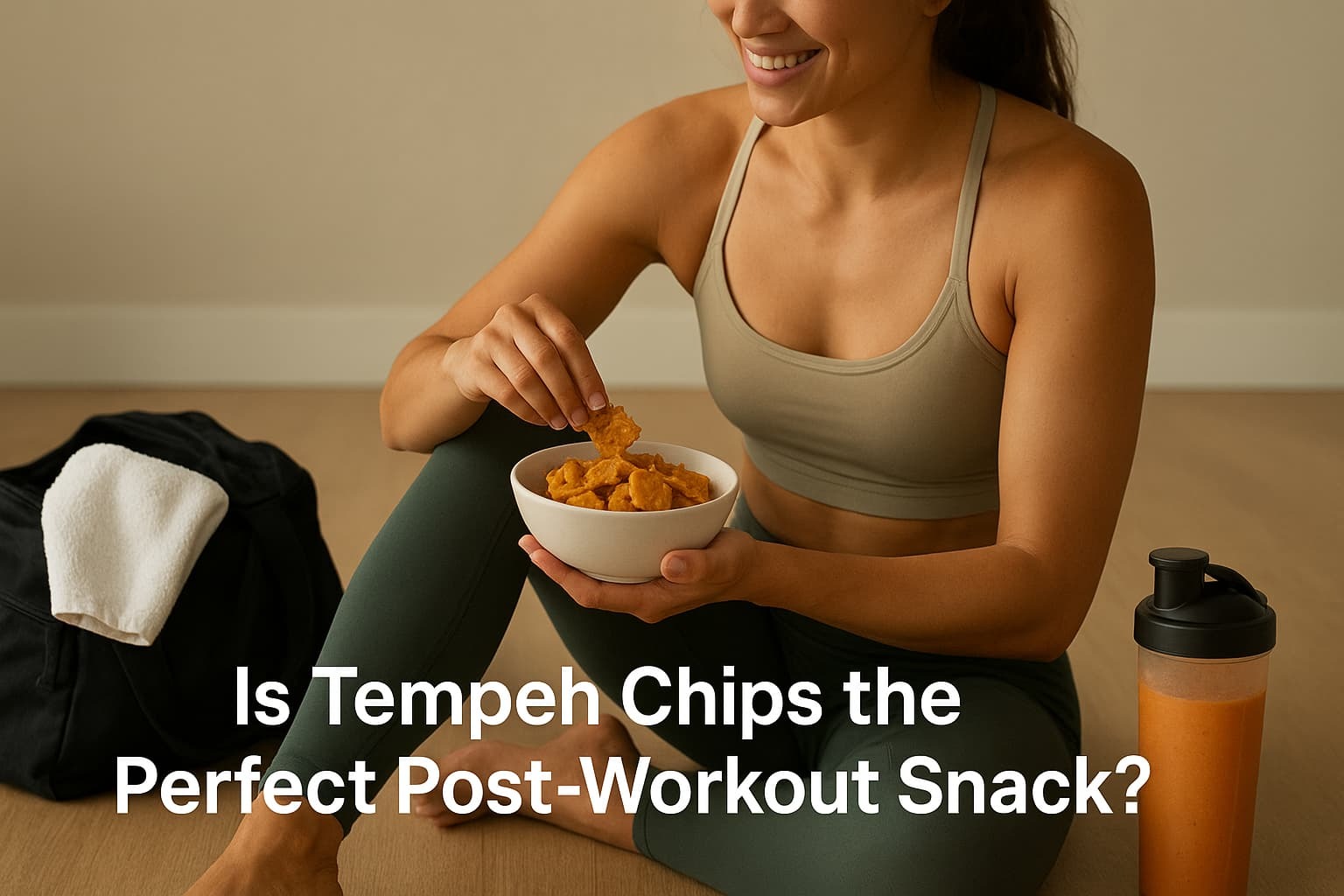 Crunchy Tempeh Chips in a white bowl, woman in activewear enjoying healthy post-workout snack, gym bag and shaker bottle nearby, promoting nutritious snack options for fitness enthusiasts.