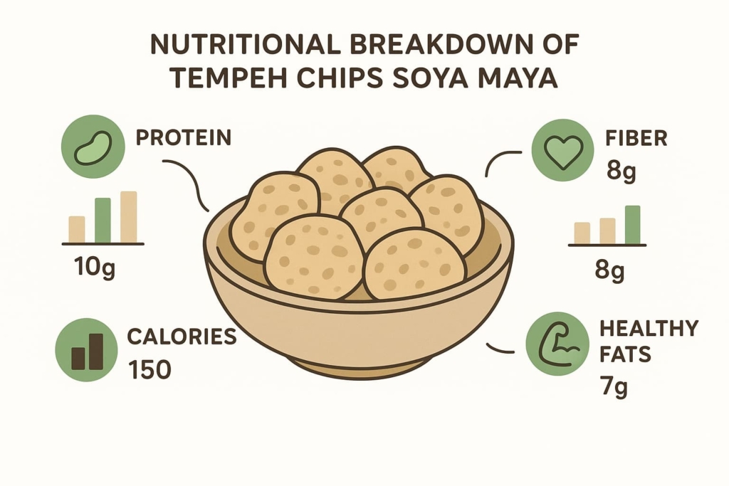 “Nutritional breakdown of tempeh chips, a potential post-workout snack, showcasing its protein, fiber, calories, and healthy fat content”.