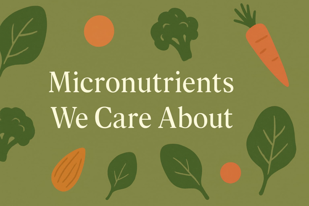 “The image depicts various healthy vegetables and fruits surrounding the text "Micronutrients We Care About". This image highlights the importance of micronutrients in a balanced diet”.