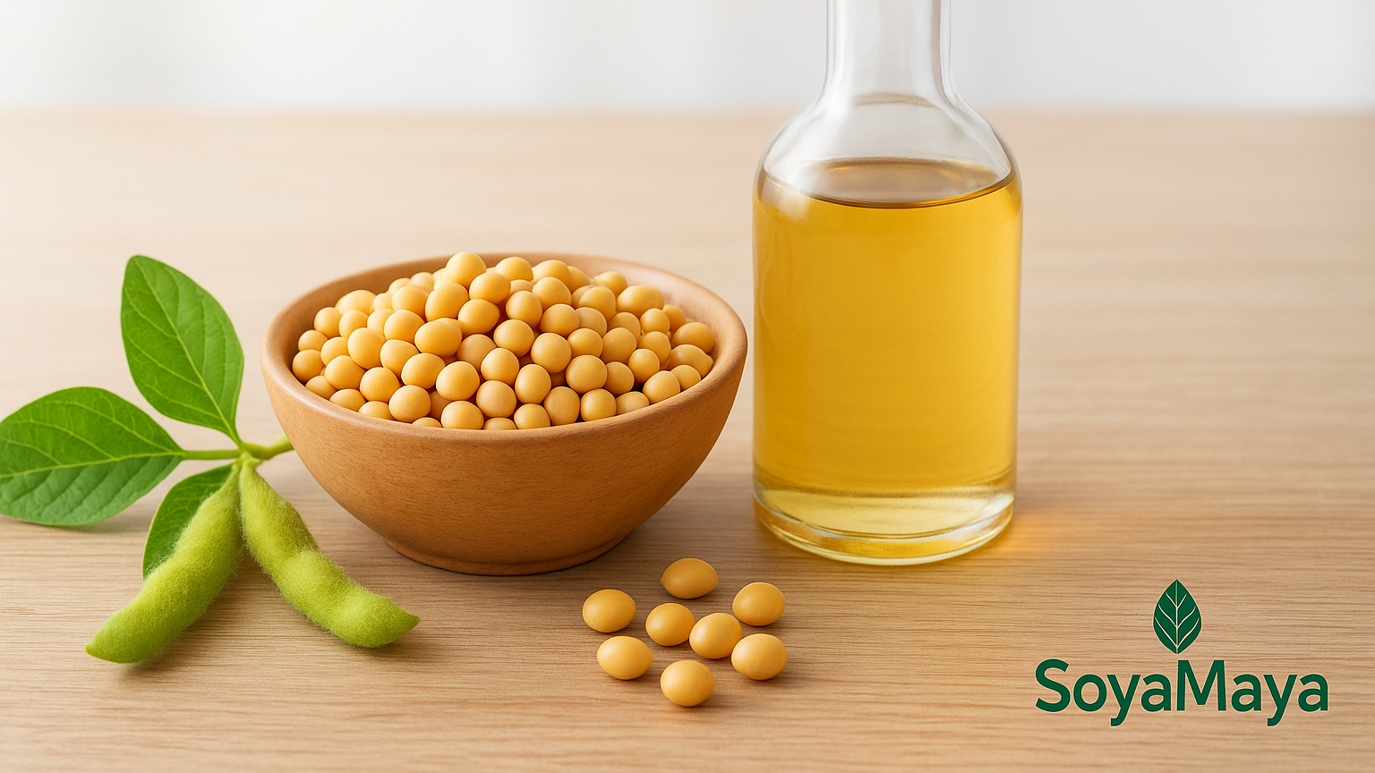 “Glass bottle of soybean oil with bowl of fresh soybeans.”