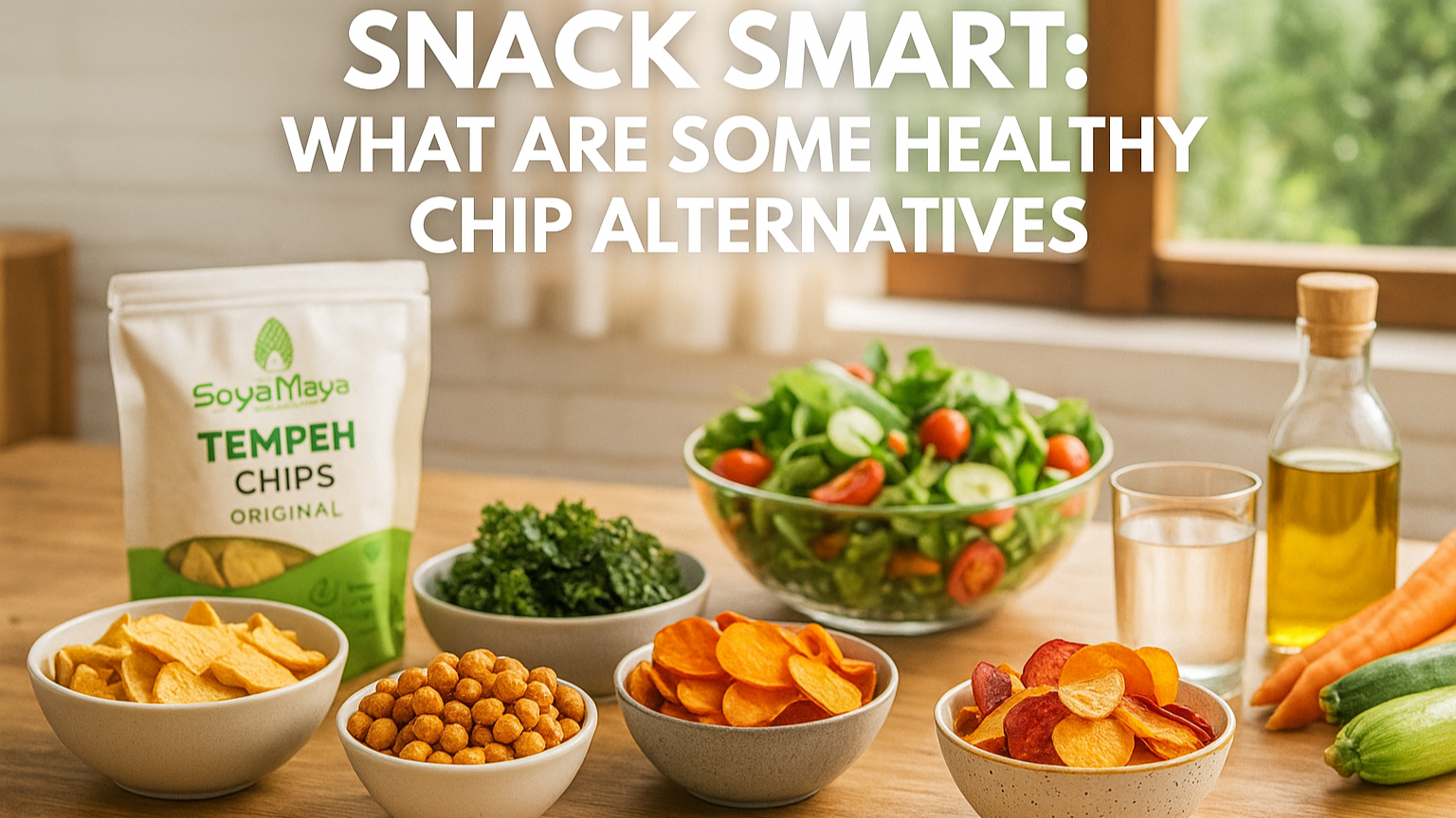 Variety of plant-based, nutrient-dense snacks, including kale chips and baked vegetable crisps.