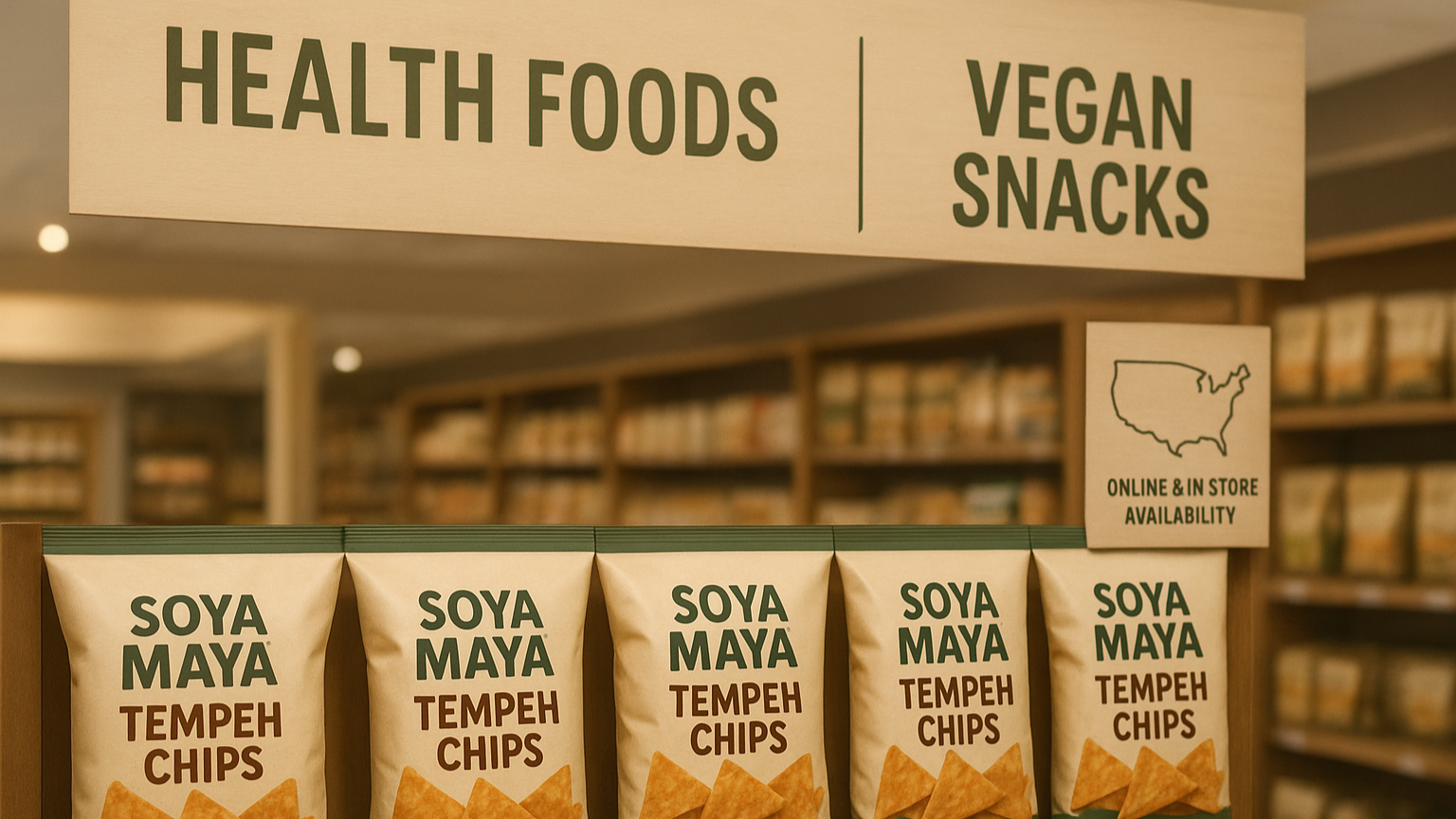“A health food store showcases their selection of plant-based products.”