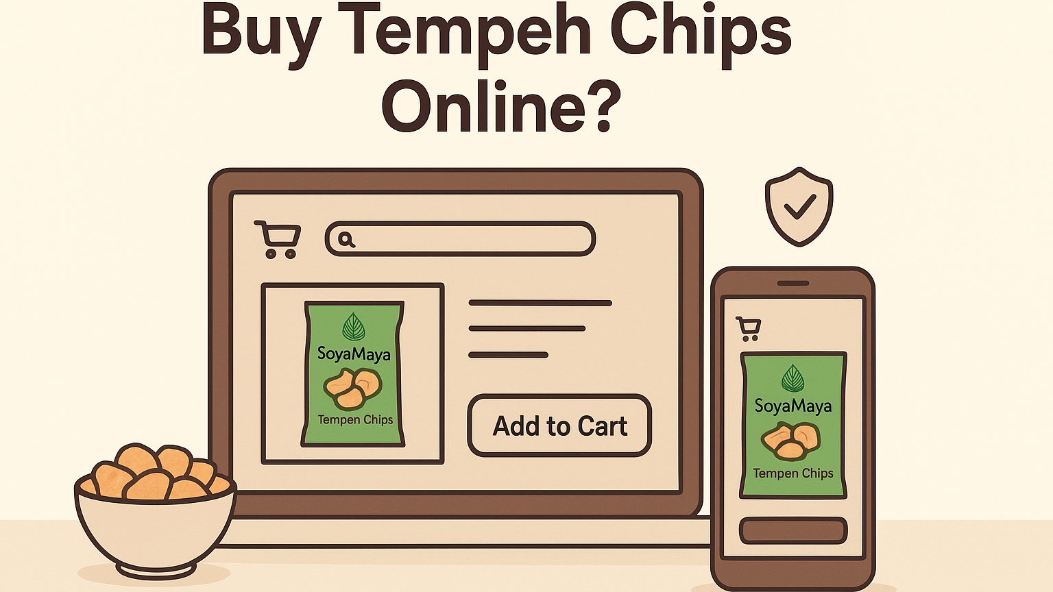 “E-commerce platform showcasing Tempeh Chips for purchase on desktop and mobile devices.”