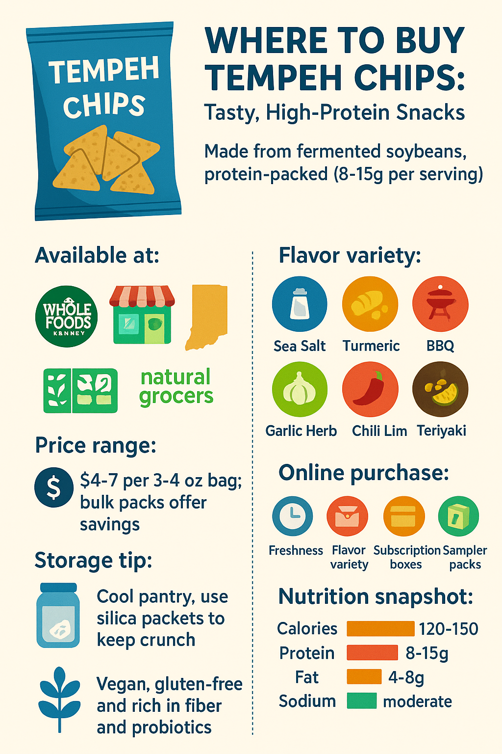 “Infographic showcasing the availability, flavors, and nutritional profile of tempeh chips”