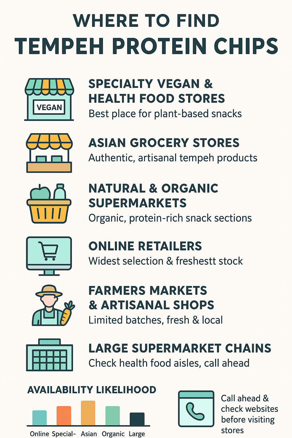 “Infographic detailing where to find tempeh protein chips, including specialty vegan, Asian, and natural grocery stores.”