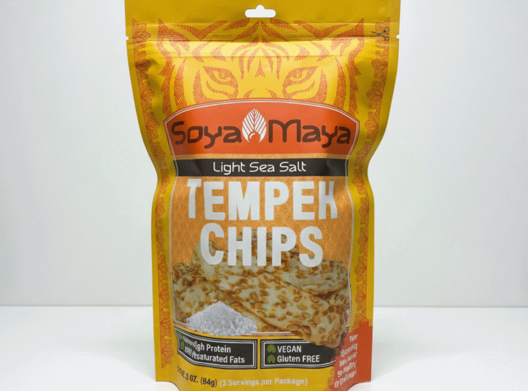 Golden Tempeh Chips with Light Sea Salt, Vegan, Gluten-Free, High Protein ingredients.