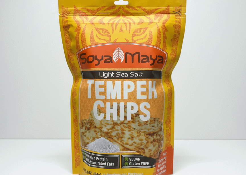 Golden Tempeh Chips with Light Sea Salt, Vegan, Gluten-Free, High Protein ingredients.