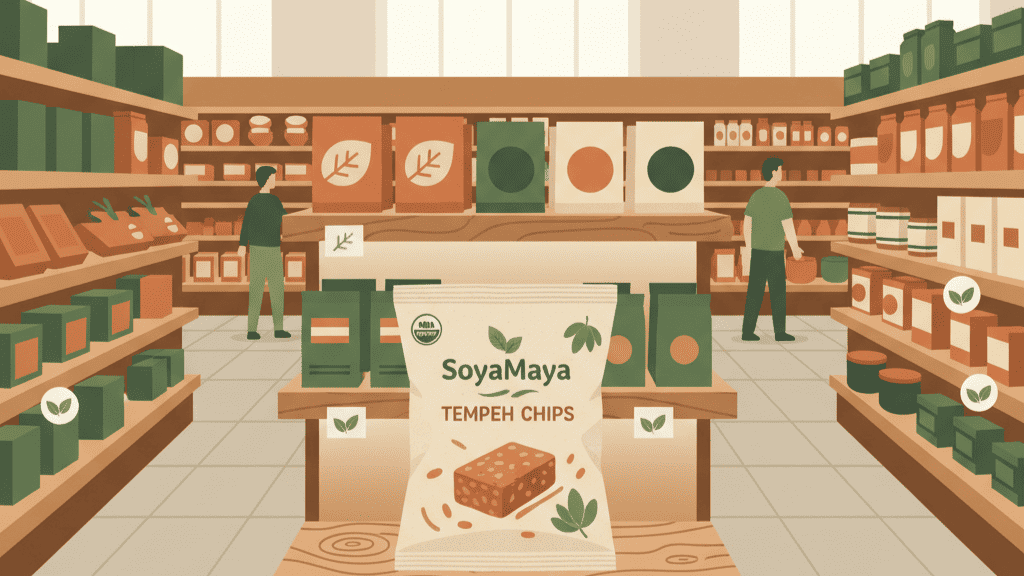 “Image of a natural grocery store display highlighting SoyaMaya's tempeh chips as a prominent product offering.”