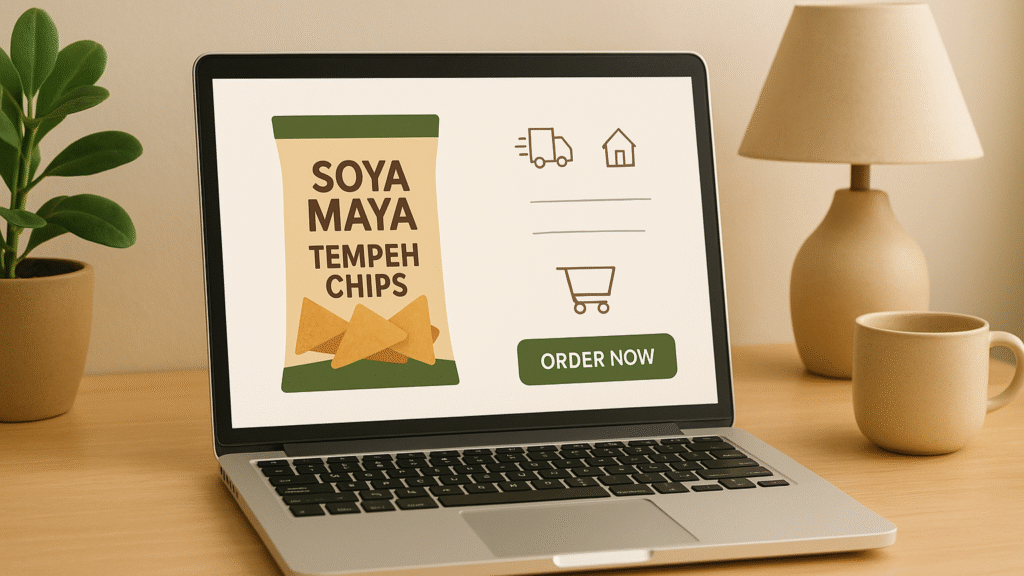 “An image of a laptop showcasing the online ordering interface for Soya Maya Tempeh Chips.”