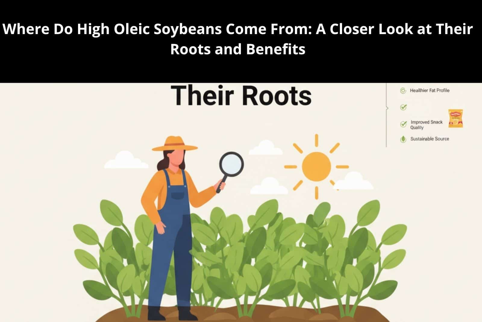 Soya Maya soybean plant and farmer analyzing roots for health benefits.