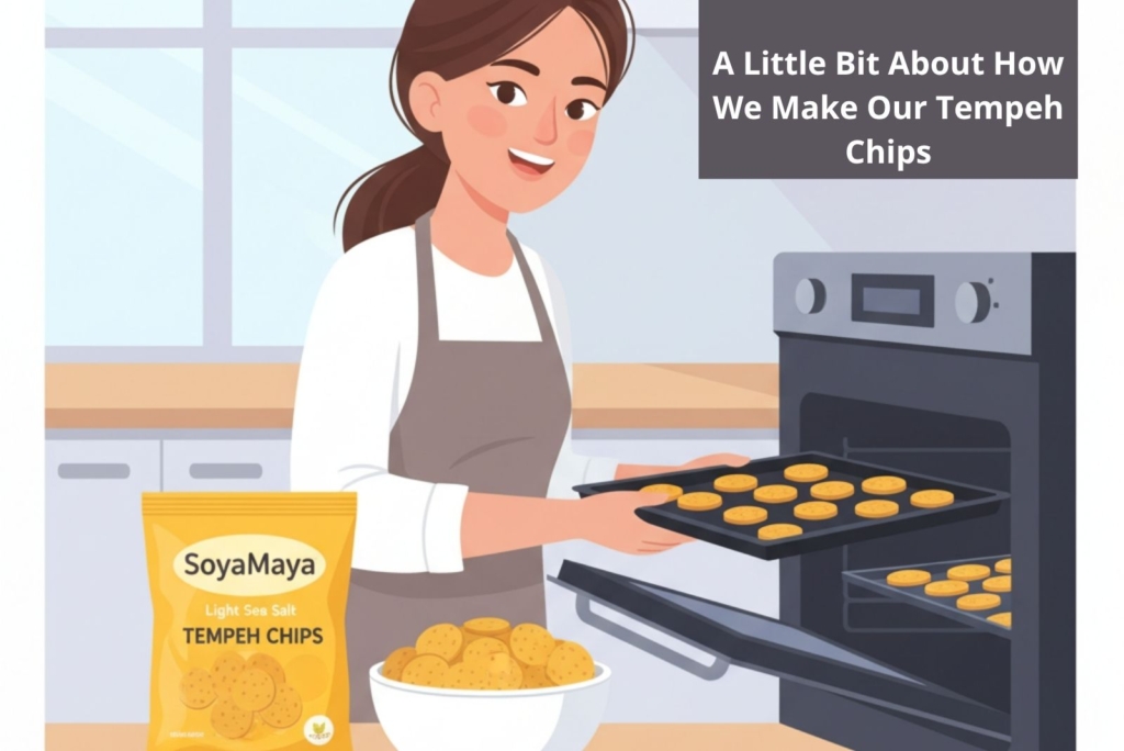 Golden Tempeh Chips baking in oven, Soya Maya brand snack, healthy and gluten-free.