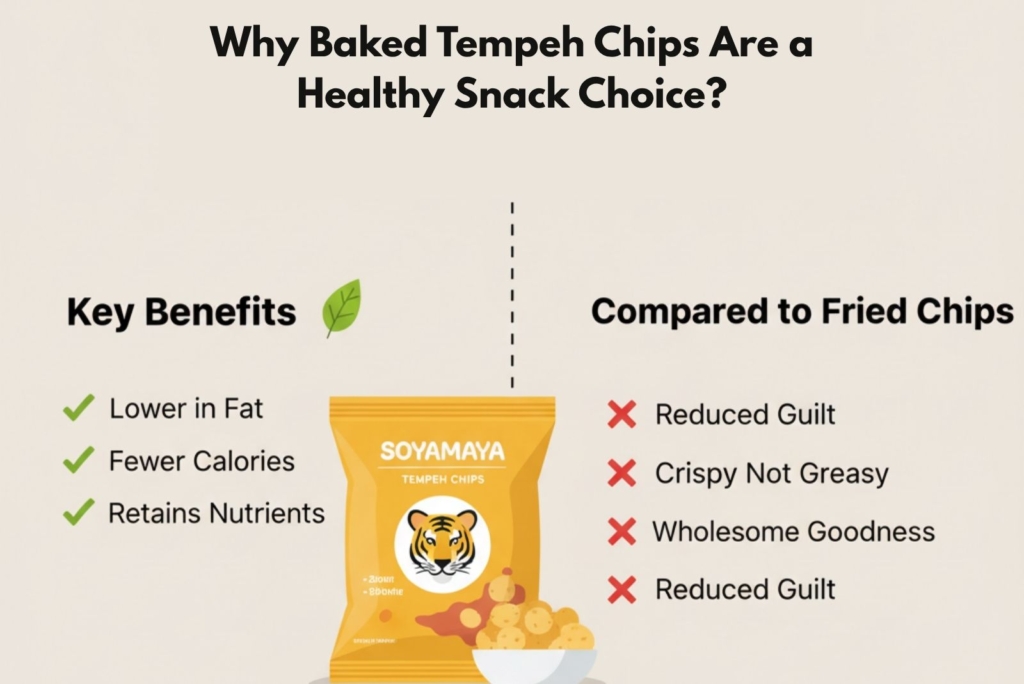 Golden baked tempeh chips with healthy benefits and no guilt comparison to fried chips.
