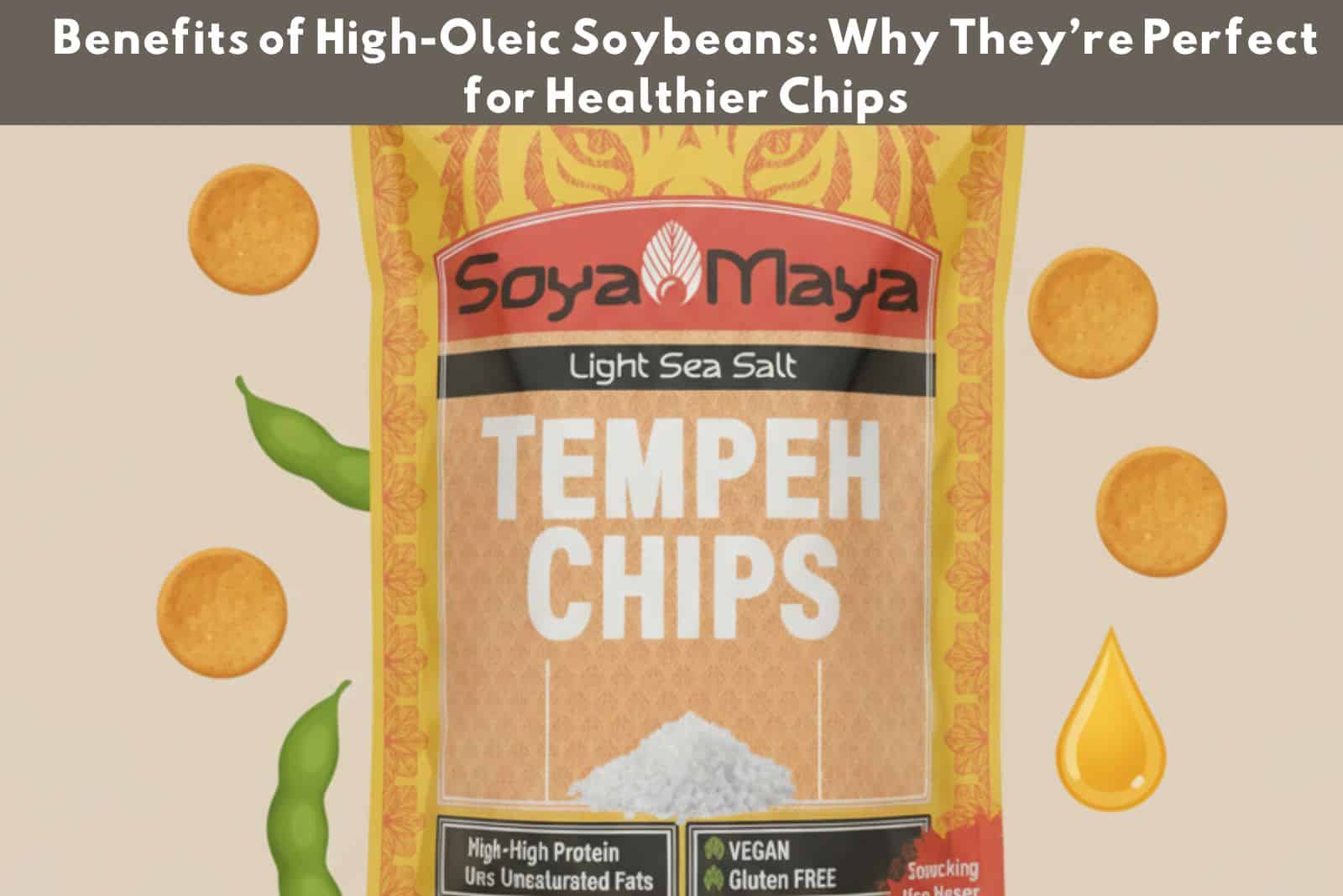 Soya maya tempeh chips packaging with soybeans and sea salt ingredients; vegan, gluten-free snack alternative.