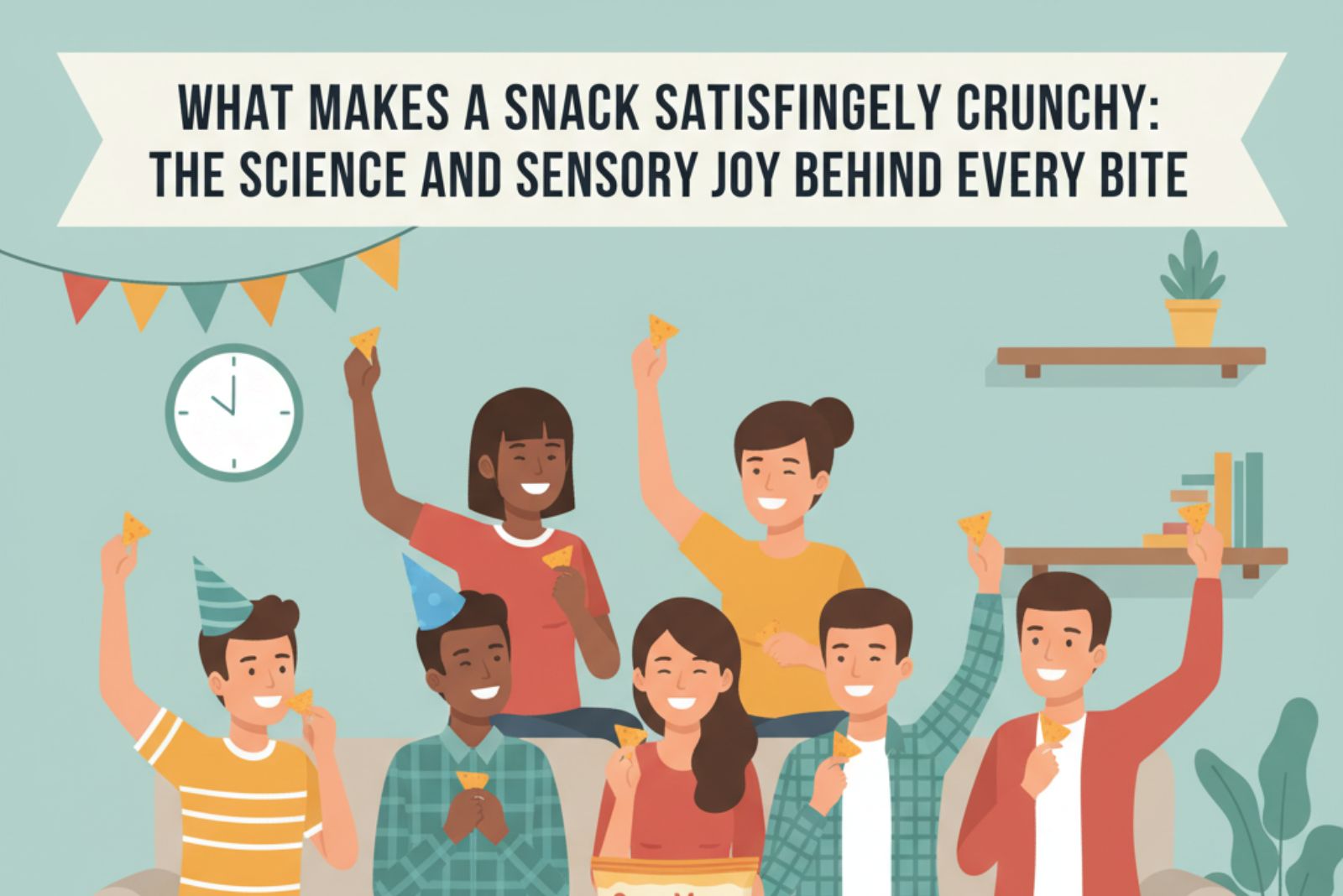 Vibrant celebration scene with diverse friends enjoying crispy soy Maya snacks at a party.