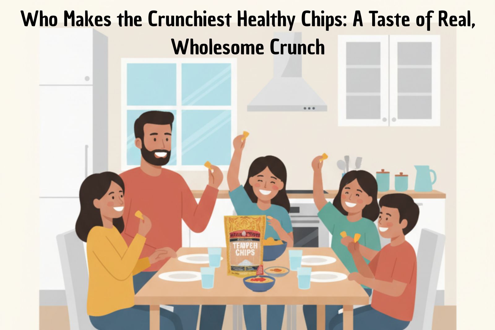 Crunchy healthy chips enjoying by a family at dinner table.