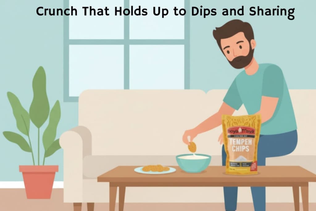 Crispy tempeh chips snack in a bowl with a packet of Soya Maya Tempeh Chips on a wooden table.