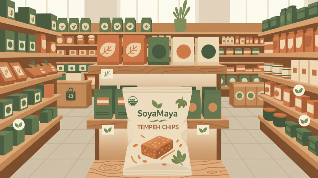 “Detailed image of a natural grocery store showcasing SoyaMaya's tempeh chips as a healthy snack option.”