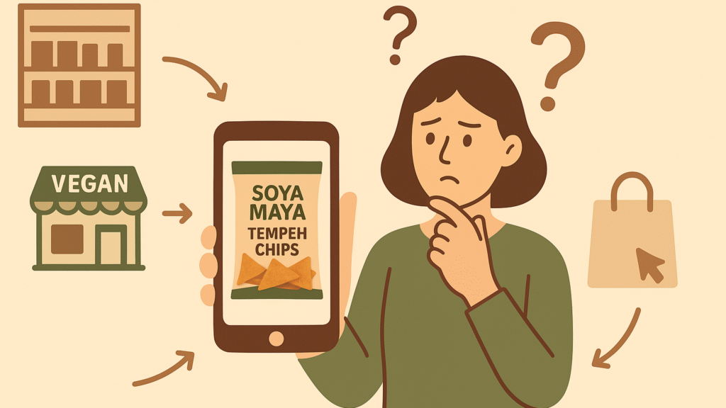 “Woman searches for vegan snack options on her smartphone.”