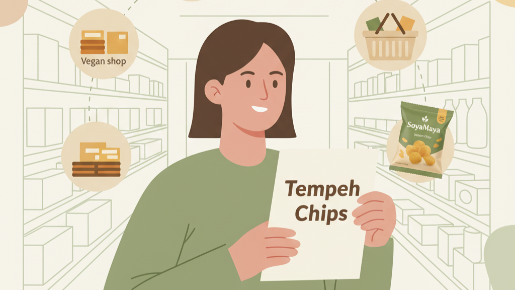 “A woman holds a bag of tempeh chips in a grocery store aisle.”
