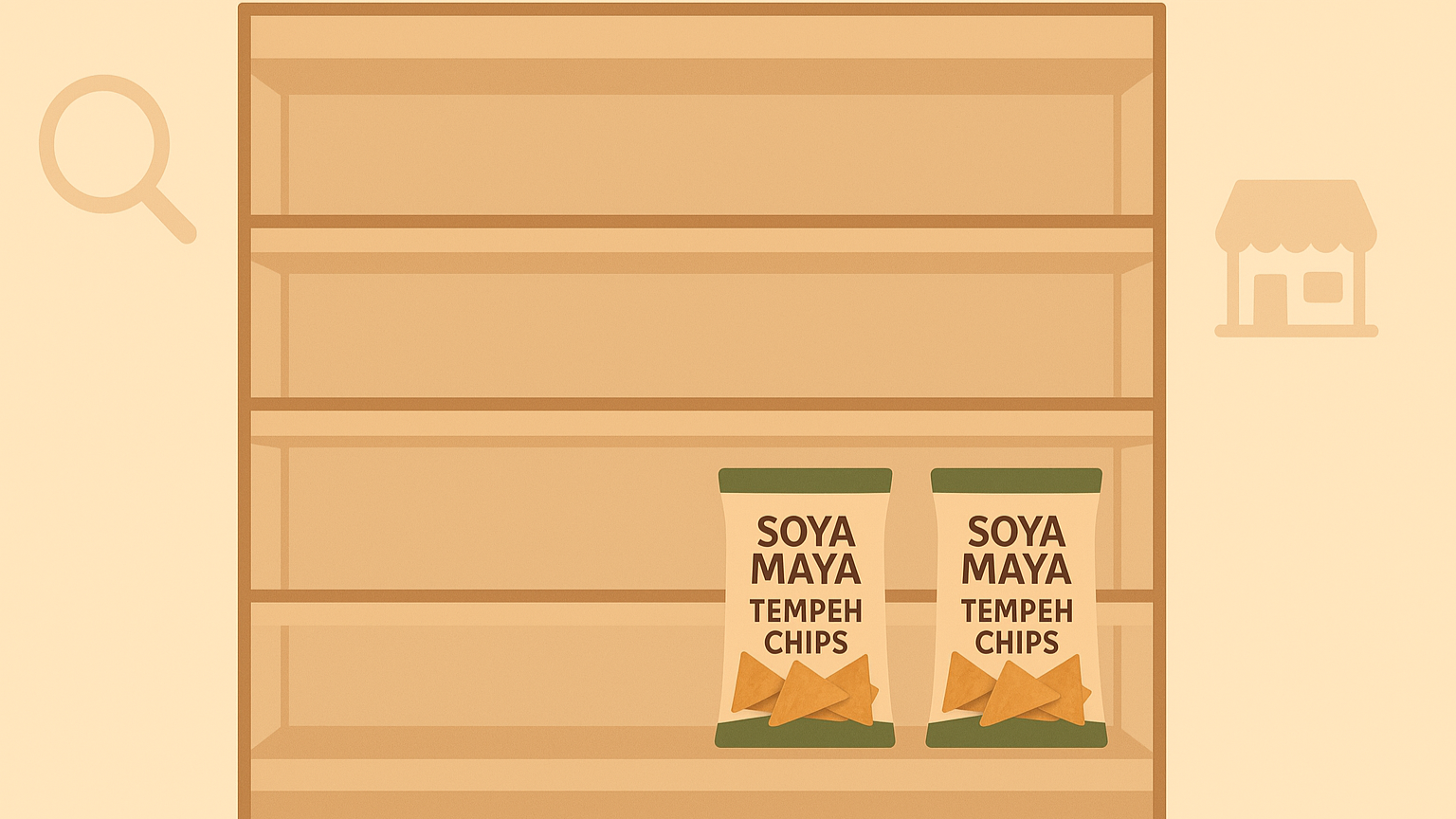 “Wooden shelves display two bags of the product.”