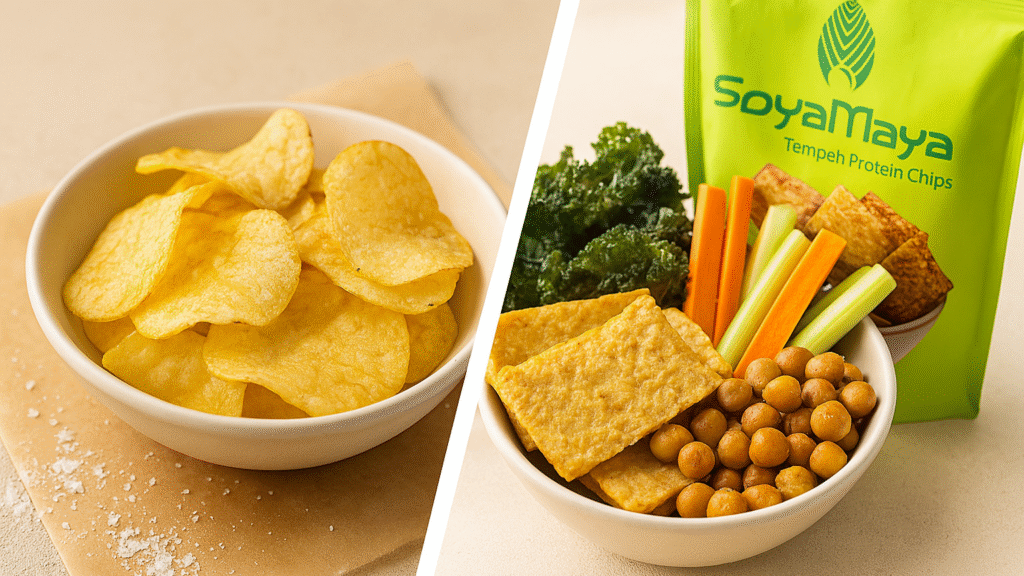 “Healthy Chip Alternatives: Satisfy Your Cravings the Healthy Way with SoyaMaya tempeh protein chips and veggies.”