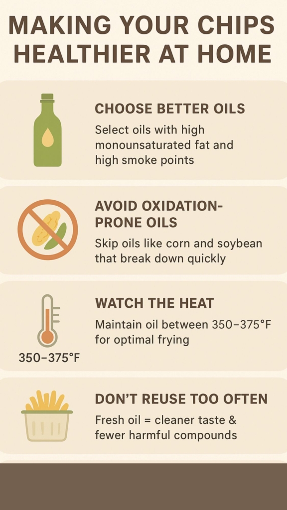 Soya Maya infographic on making healthy soy chips at home, highlighting oil selection and cooking tips.