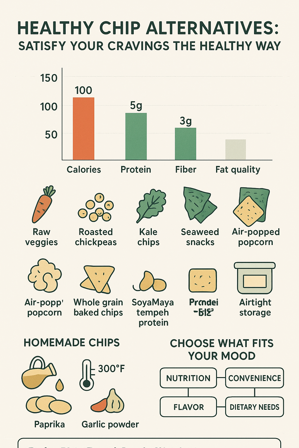 “Healthy Chip Alternatives: Satisfy Your Cravings the Healthy Way infographic showing calories, protein, and snack ideas.”