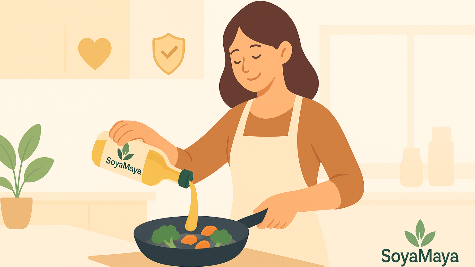 “Woman cooking with Soya Maya oil, highlighting its health benefits.”