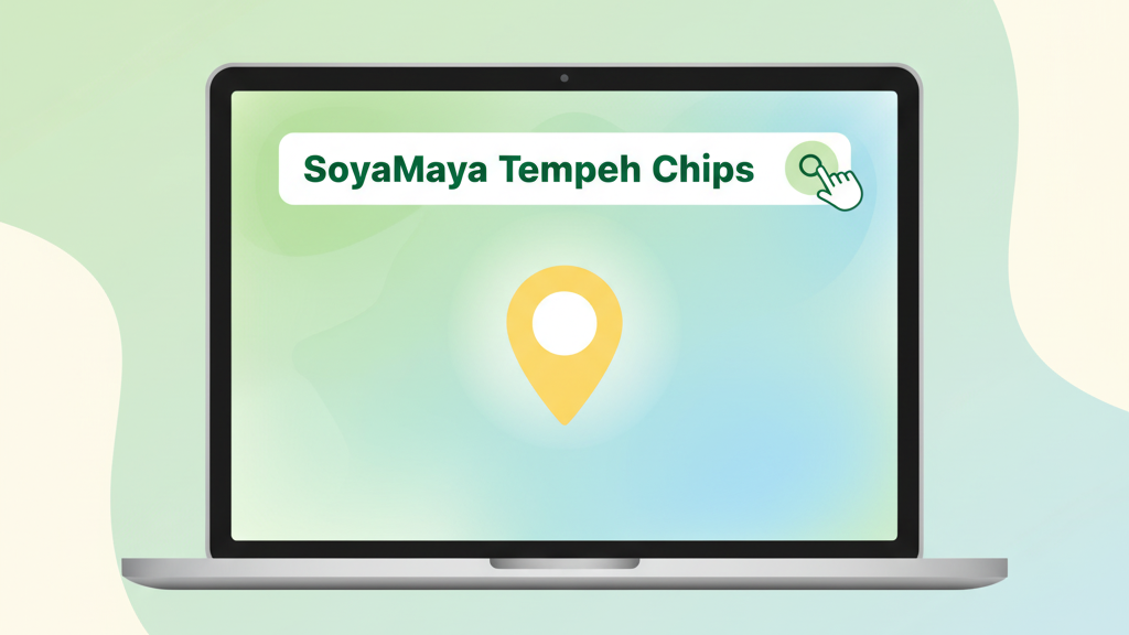 “Easily find using the Soya Maya tempeh chips store locator displayed on a laptop.”