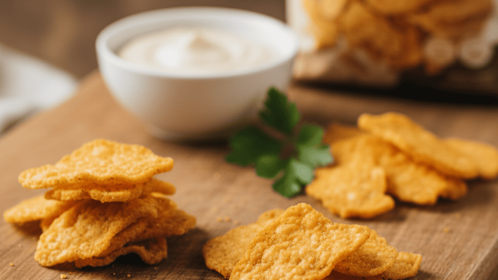 “Savor the flavor of with these golden tempeh chips and a creamy dip.”