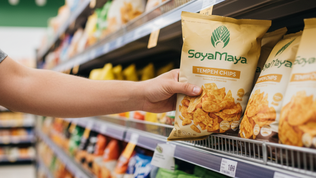 “Hand reaches for Soya Maya tempeh chips on grocery store shelf.”