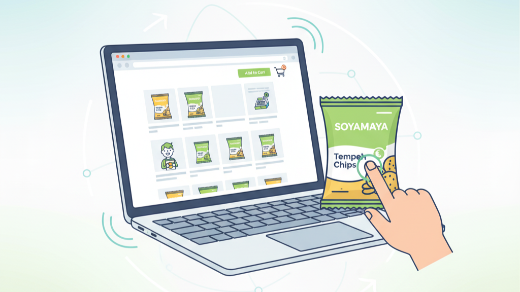 “Illustration of a laptop screen featuring an online store selling SoyaMaya Tempeh Chips, representing digital distribution.”