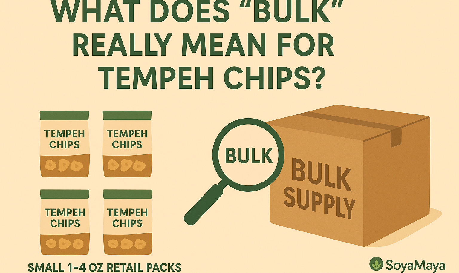 “Informative illustration explaining the difference between retail and bulk packaging for tempeh chips.”