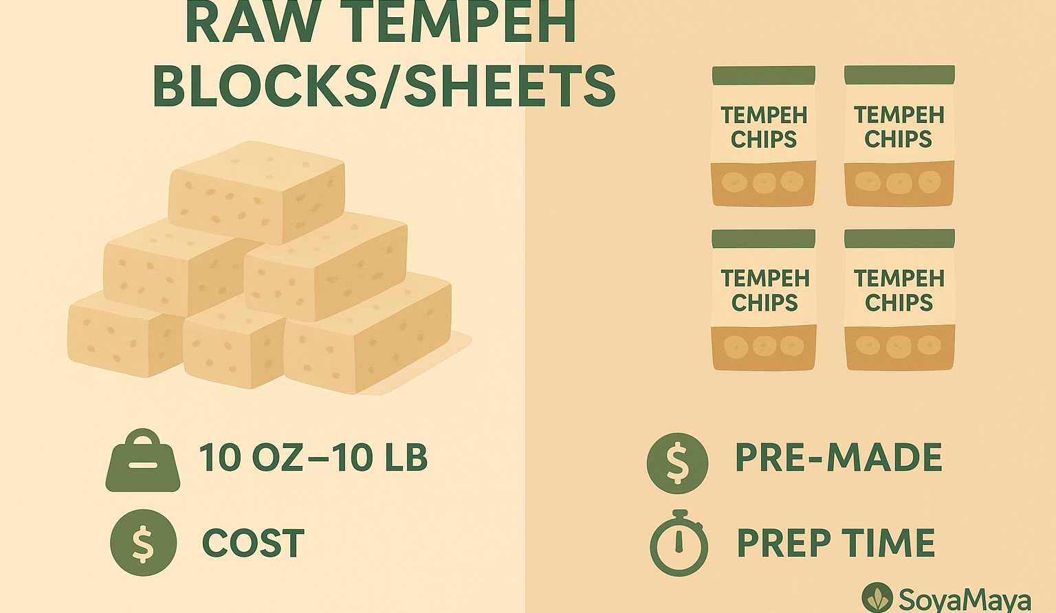 “Informative image contrasting raw tempeh blocks/sheets with pre-made tempeh chips and their respective benefits.”
