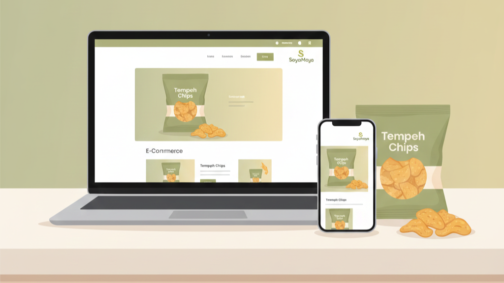 “E-commerce website and mobile app showcasing Tempeh Chips product.”