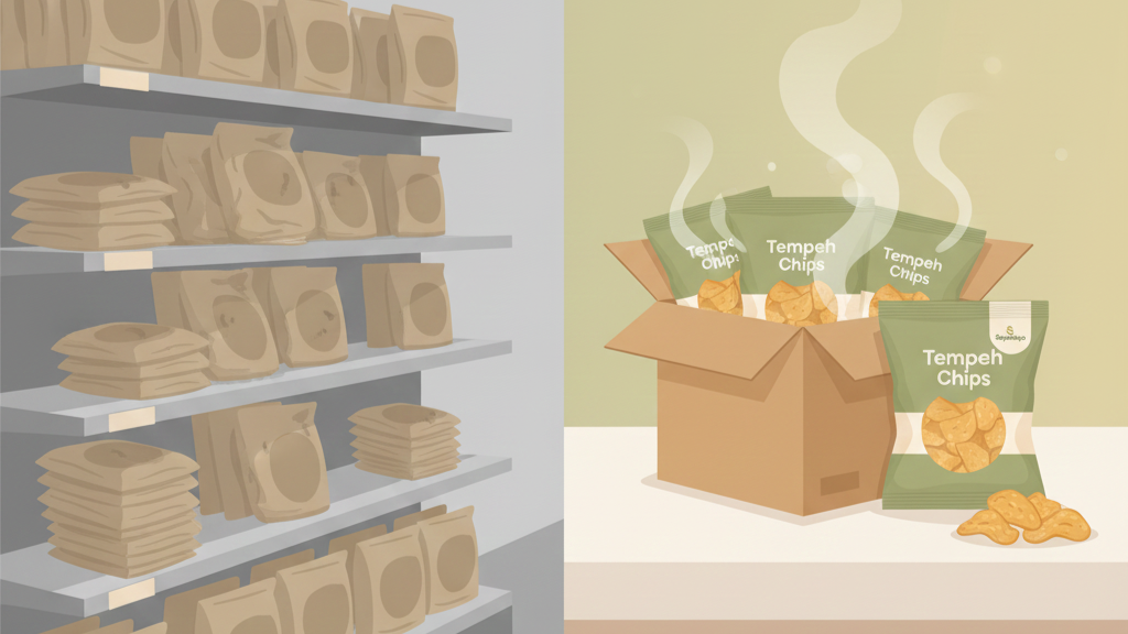 “Shelves stocked with Tempeh products and a box full of freshly packaged Tempeh Chips ready for shipping.”