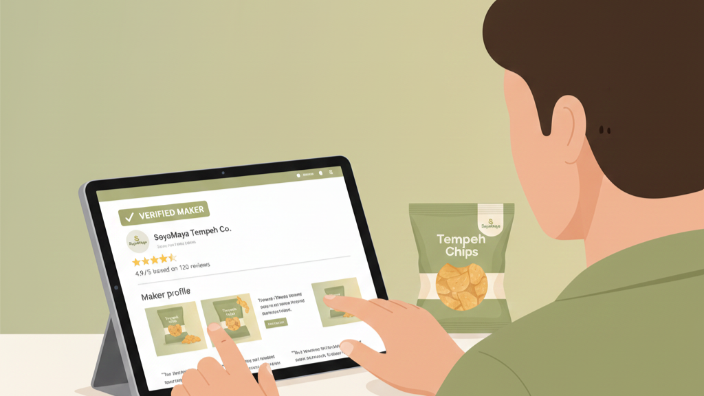 “Customer viewing a verified maker profile on an e-commerce platform to purchase Tempeh Chips.”