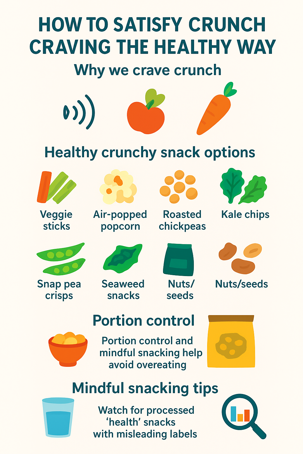 “Visual guide showing healthy crunchy snacks and tips for portion control and mindful snacking.”