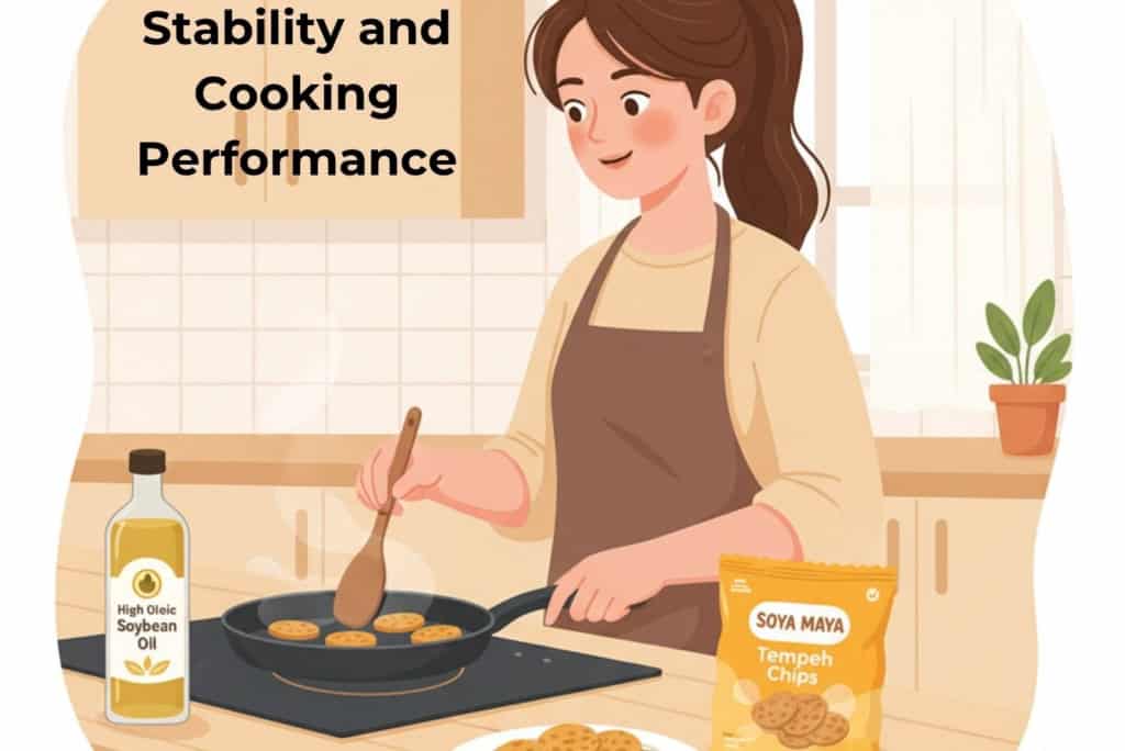 Golden soybean oil for healthy cooking, ideal for making Soya Maya tempeh chips.