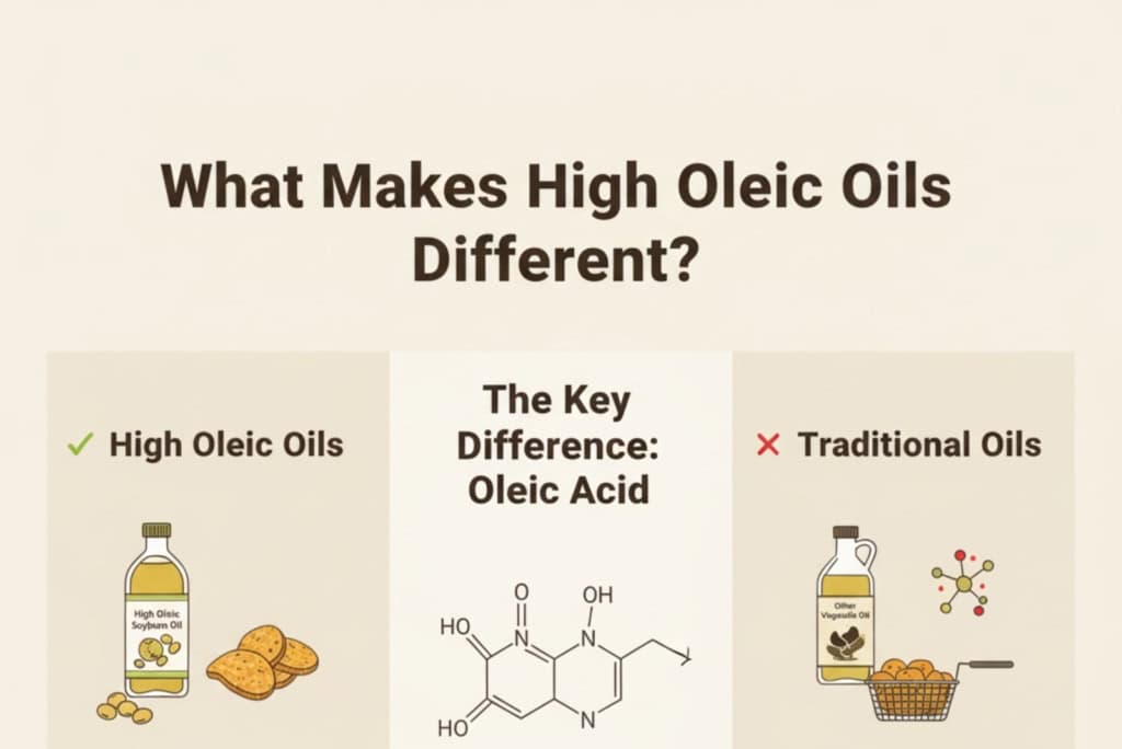 Soybean oil bottle with cookies, highlighting high oleic soybeans for healthy cooking.