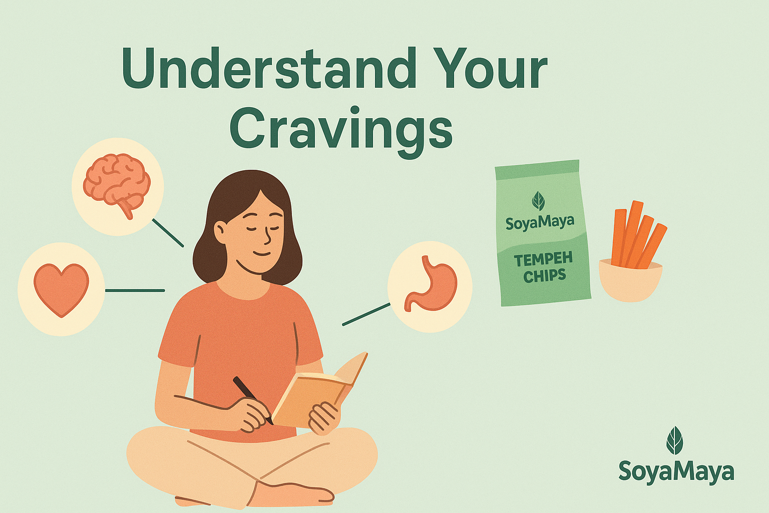 “Illustrated guide to understanding and satisfying cravings with SoyaMaya tempeh chips.”