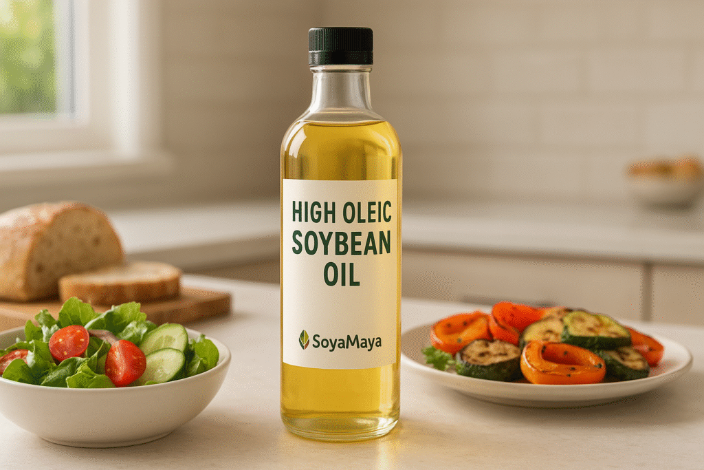 “High oleic soybean oil bottle surrounded by fresh produce and baked goods.”